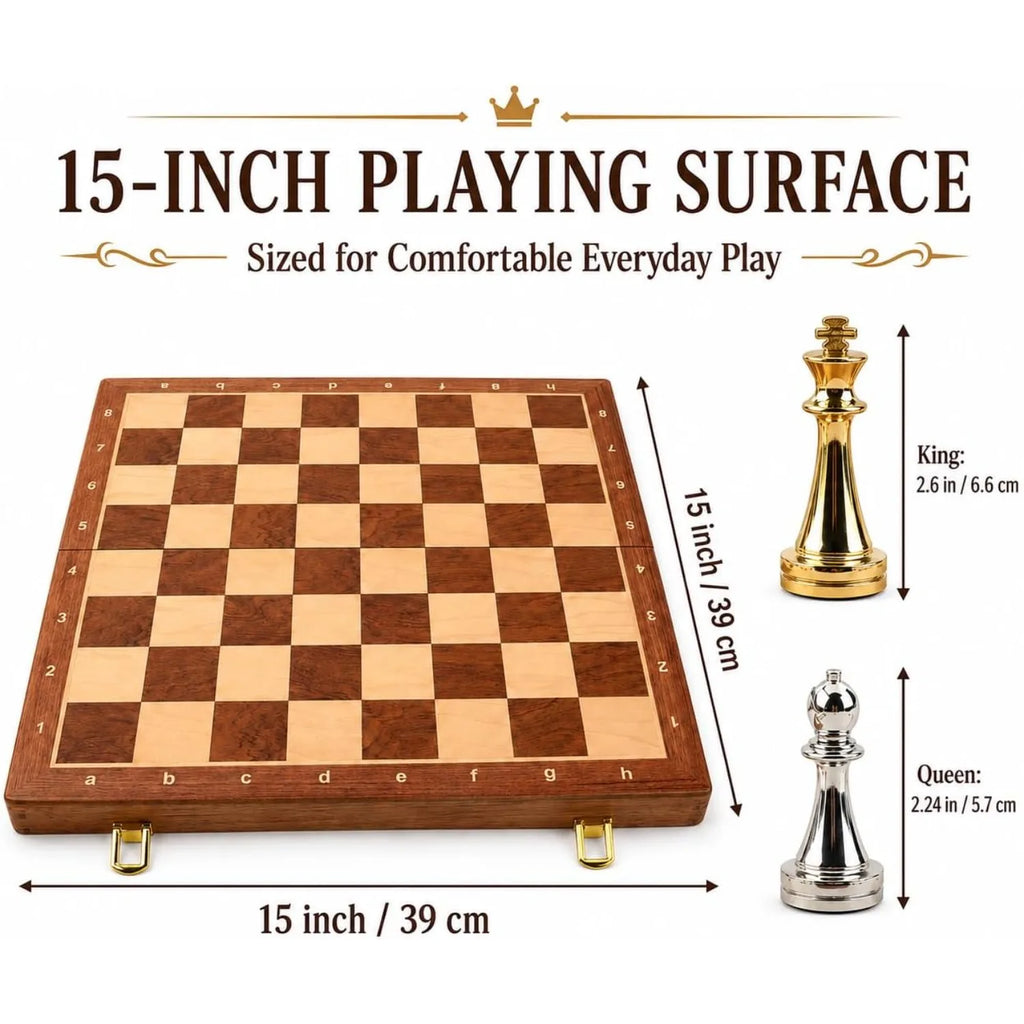 15in Folding Chess Set – Metal Pieces & Wood Board
