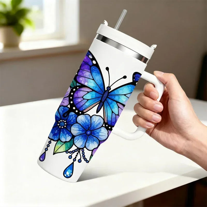 Stained-Glass Butterfly & Floral 40oz Insulated Tumbler