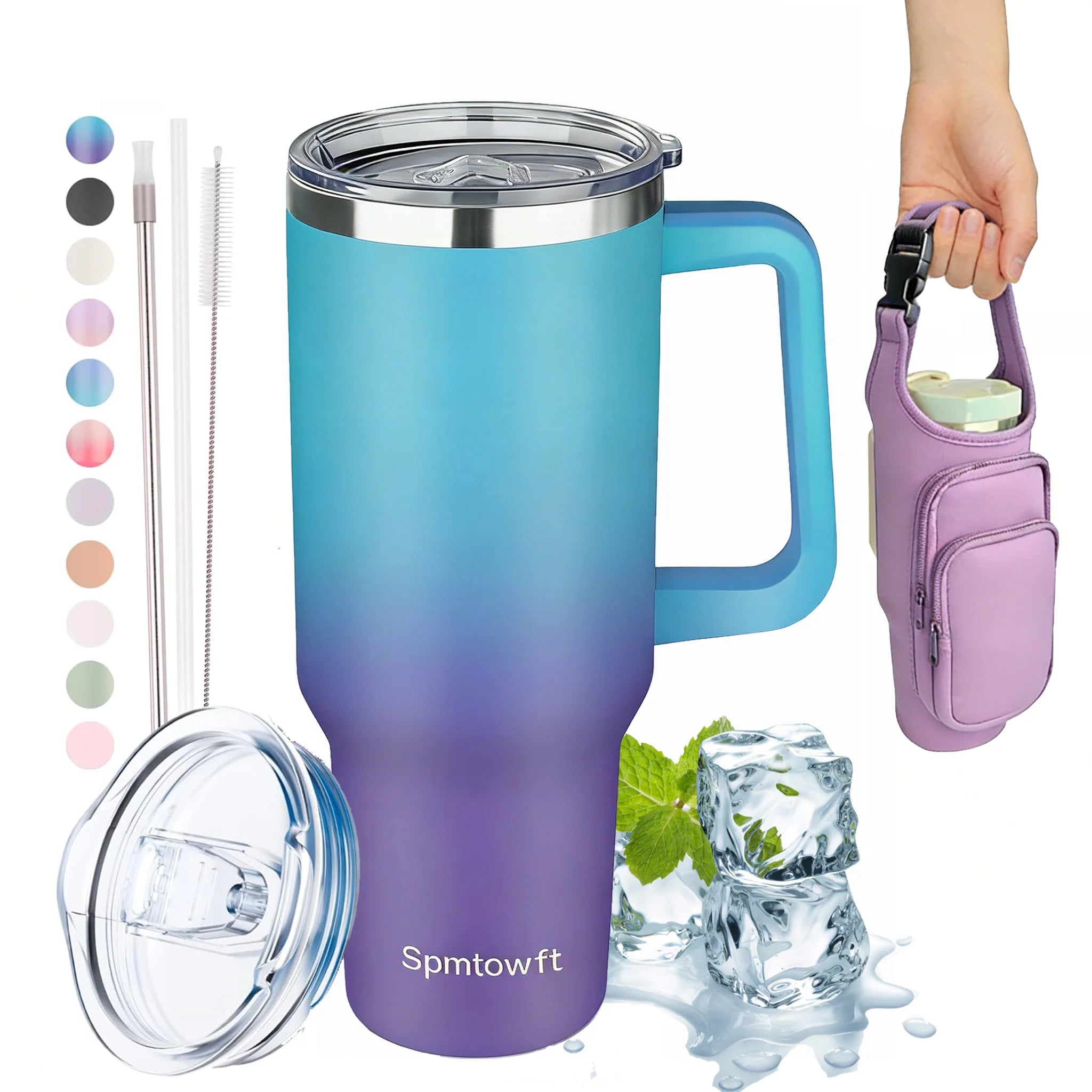 Sports 40oz Tumbler with Handle and 2 Straws, 2in 1 Lid Insulated Water Bottle Stainless Steel for Cold And Hot, Insulated Water Bottle Carrier Bag for Travel Coffee Mug Cup, Perfect for Men And Wowen Gifts