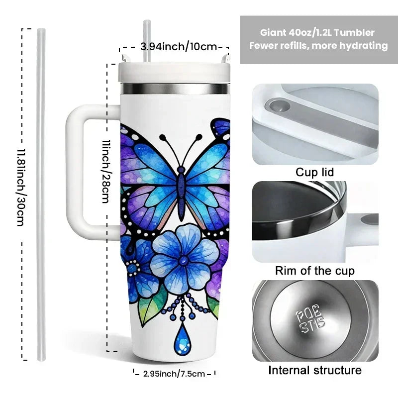 Stained-Glass Butterfly & Floral 40oz Insulated Tumbler