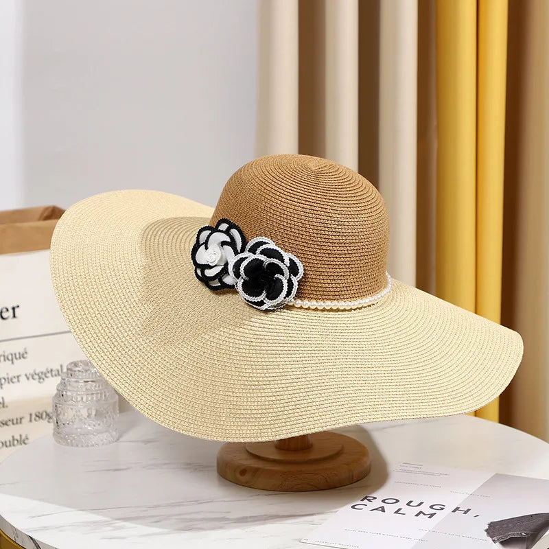 Two Tones Wide Brim Summer Hat for Women Big Brim Sun Hat Pearls Band Double Flower Summer Hat Ladies Holiday Floppy Beach Hat