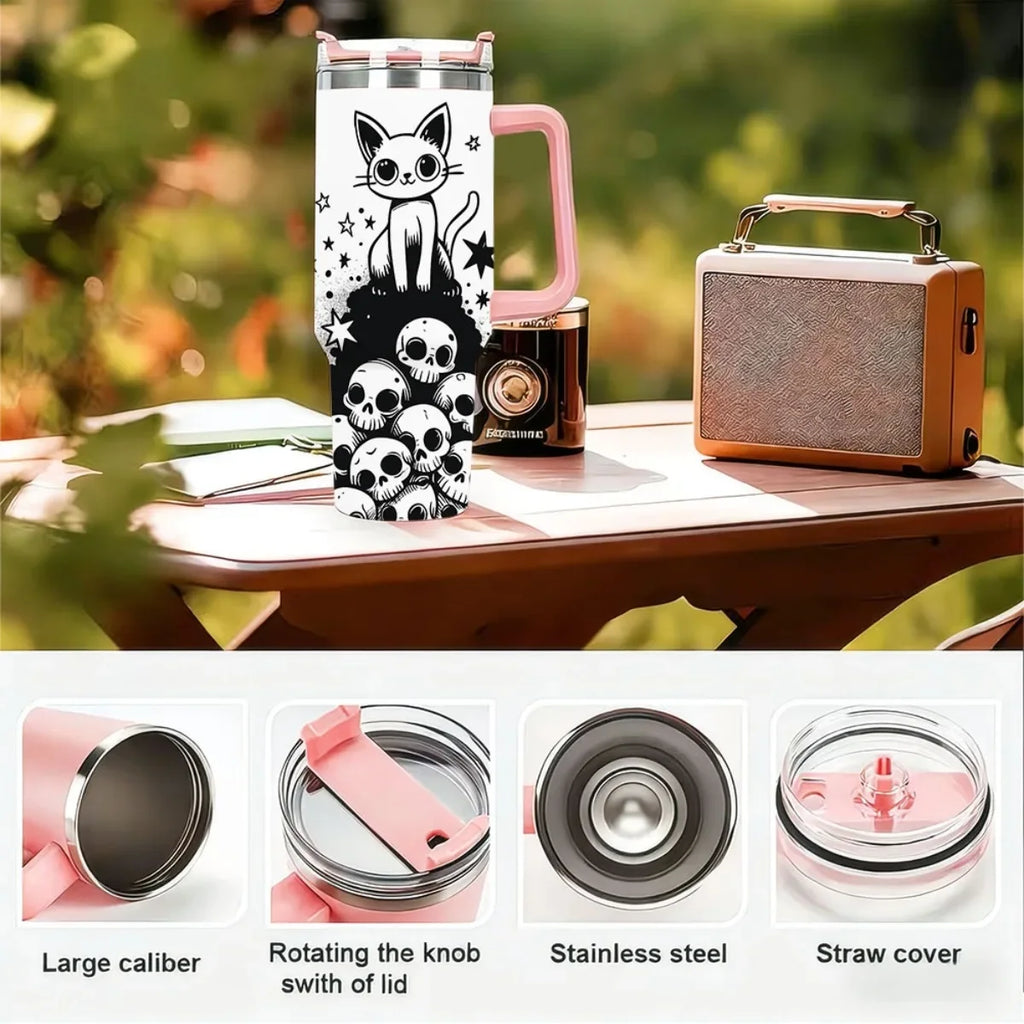 1pc 40oz Stainless Steel Double Wall Vacuum Insulated Coffee Cup Second Generation Handle Third Generation Lock Lid with Straw and Cap Summer Cool Keeping Tumbler Hand Wash Only Reusable Sui