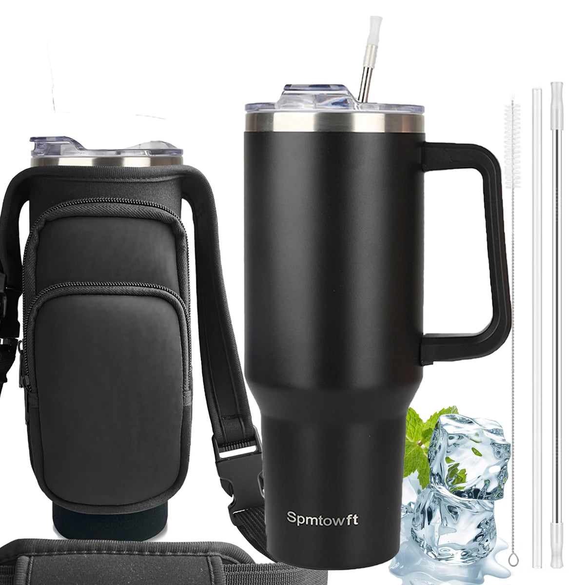 Sports 40oz Tumbler with Handle and 2 Straws, 2in 1 Lid Insulated Water Bottle Stainless Steel for Cold And Hot, Insulated Water Bottle Carrier Bag for Travel Coffee Mug Cup, Perfect for Men And Wowen Gifts