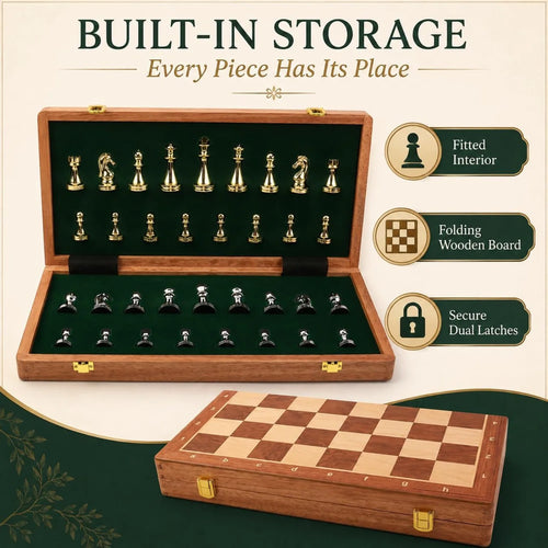 15in Folding Chess Set – Metal Pieces & Wood Board