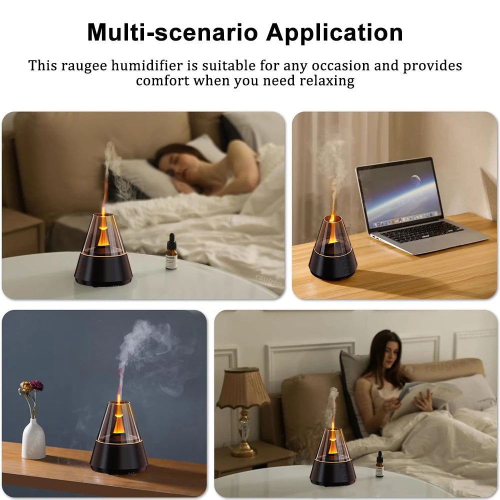Flame Aroma Diffuser & Humidifier – Mini USB Essential Oil Mist with Night Light