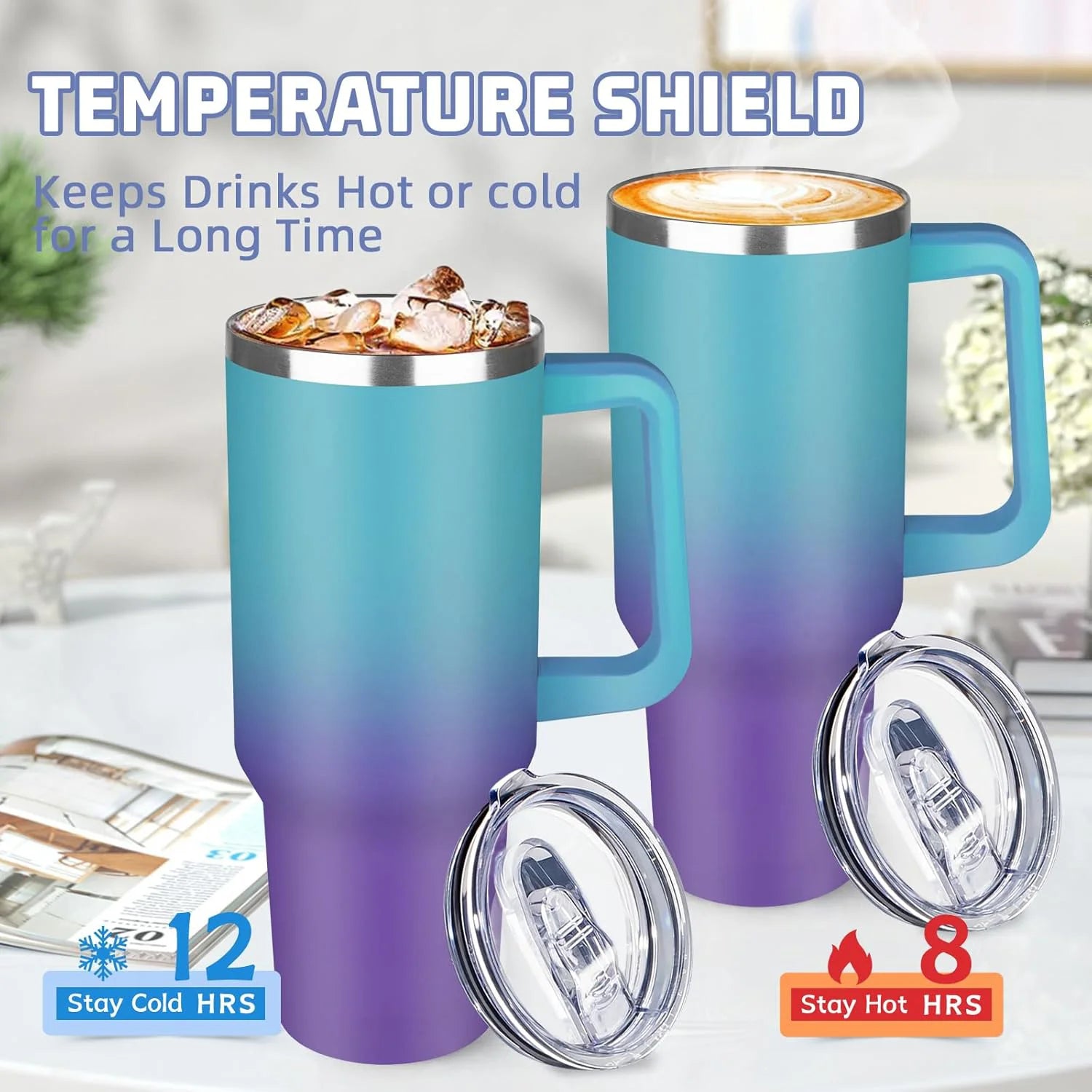 Sports 40oz Tumbler with Handle and 2 Straws, 2in 1 Lid Insulated Water Bottle Stainless Steel for Cold And Hot, Insulated Water Bottle Carrier Bag for Travel Coffee Mug Cup, Perfect for Men And Wowen Gifts