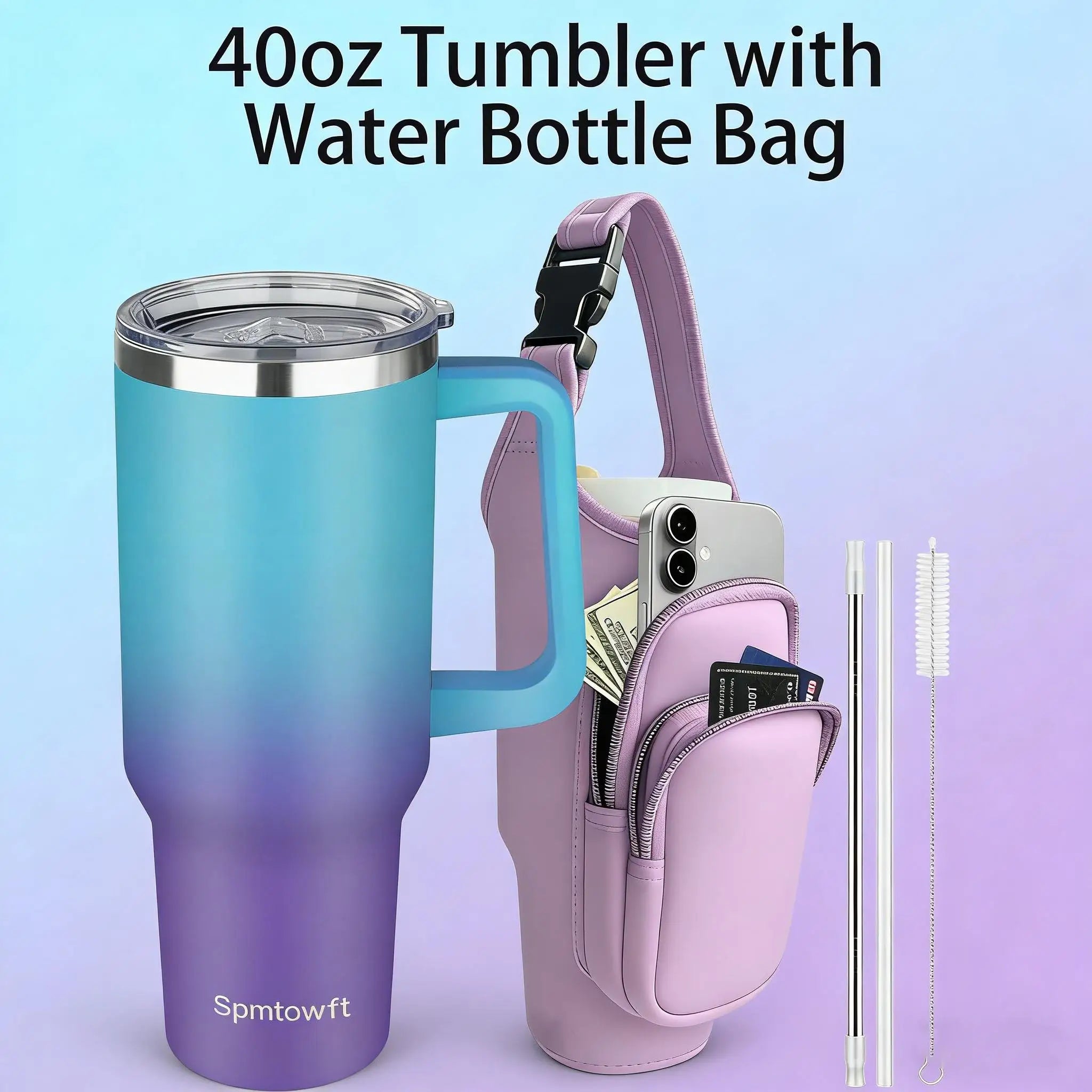 Sports 40oz Tumbler with Handle and 2 Straws, 2in 1 Lid Insulated Water Bottle Stainless Steel for Cold And Hot, Insulated Water Bottle Carrier Bag for Travel Coffee Mug Cup, Perfect for Men And Wowen Gifts