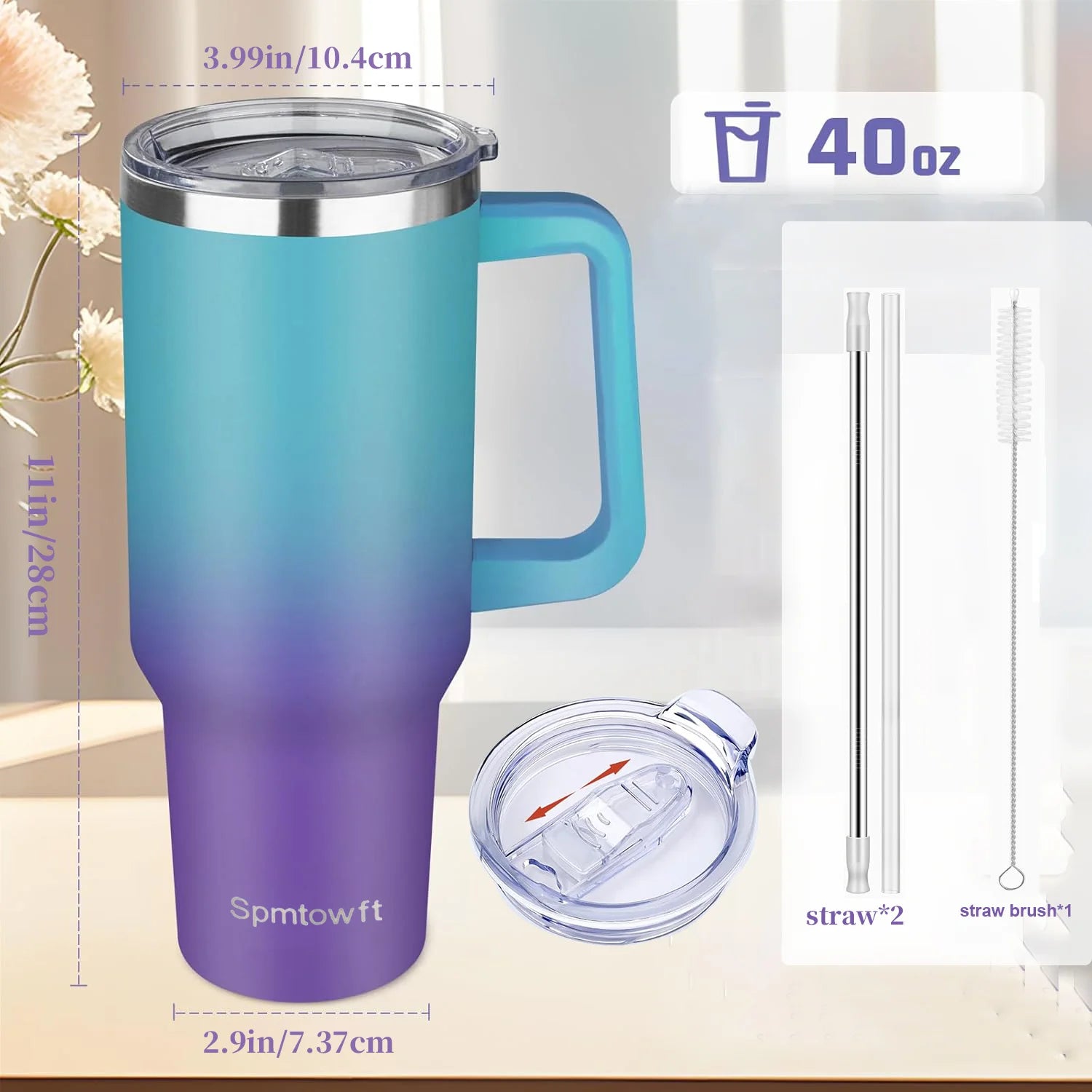 Sports 40oz Tumbler with Handle and 2 Straws, 2in 1 Lid Insulated Water Bottle Stainless Steel for Cold And Hot, Insulated Water Bottle Carrier Bag for Travel Coffee Mug Cup, Perfect for Men And Wowen Gifts