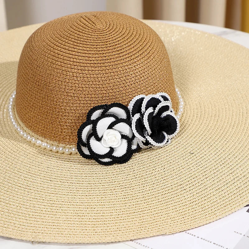 Two Tones Wide Brim Summer Hat for Women Big Brim Sun Hat Pearls Band Double Flower Summer Hat Ladies Holiday Floppy Beach Hat