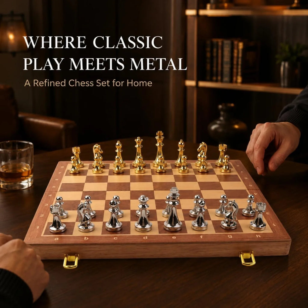 15in Folding Chess Set – Metal Pieces & Wood Board