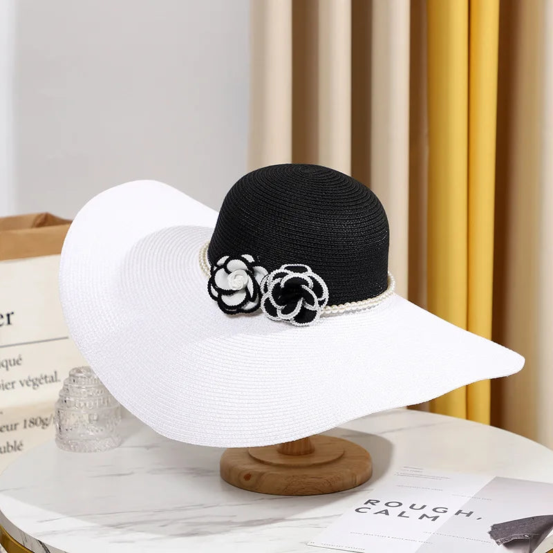Two Tones Wide Brim Summer Hat for Women Big Brim Sun Hat Pearls Band Double Flower Summer Hat Ladies Holiday Floppy Beach Hat