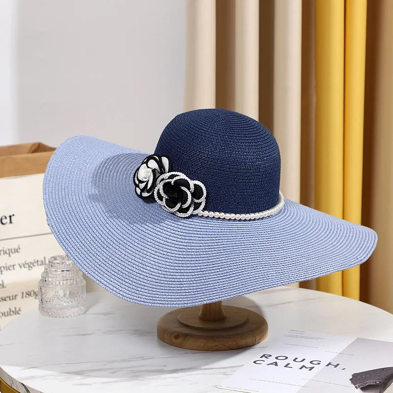 Two Tones Wide Brim Summer Hat for Women Big Brim Sun Hat Pearls Band Double Flower Summer Hat Ladies Holiday Floppy Beach Hat