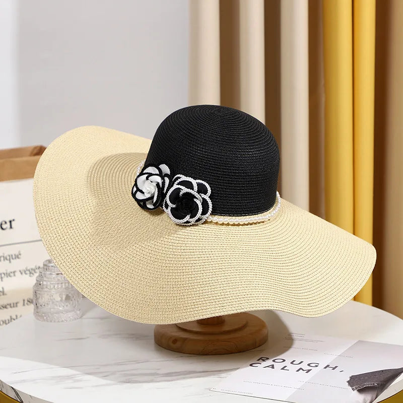 Two Tones Wide Brim Summer Hat for Women Big Brim Sun Hat Pearls Band Double Flower Summer Hat Ladies Holiday Floppy Beach Hat