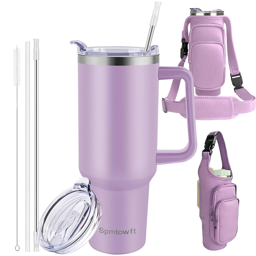 Sports 40oz Tumbler with Handle and 2 Straws, 2in 1 Lid Insulated Water Bottle Stainless Steel for Cold And Hot, Insulated Water Bottle Carrier Bag for Travel Coffee Mug Cup, Perfect for Men And Wowen Gifts
