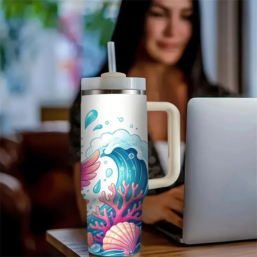 40oz Ocean Wave Print Tumbler with Handle