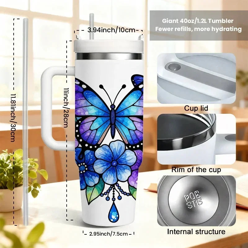 Stained-Glass Butterfly & Floral 40oz Insulated Tumbler