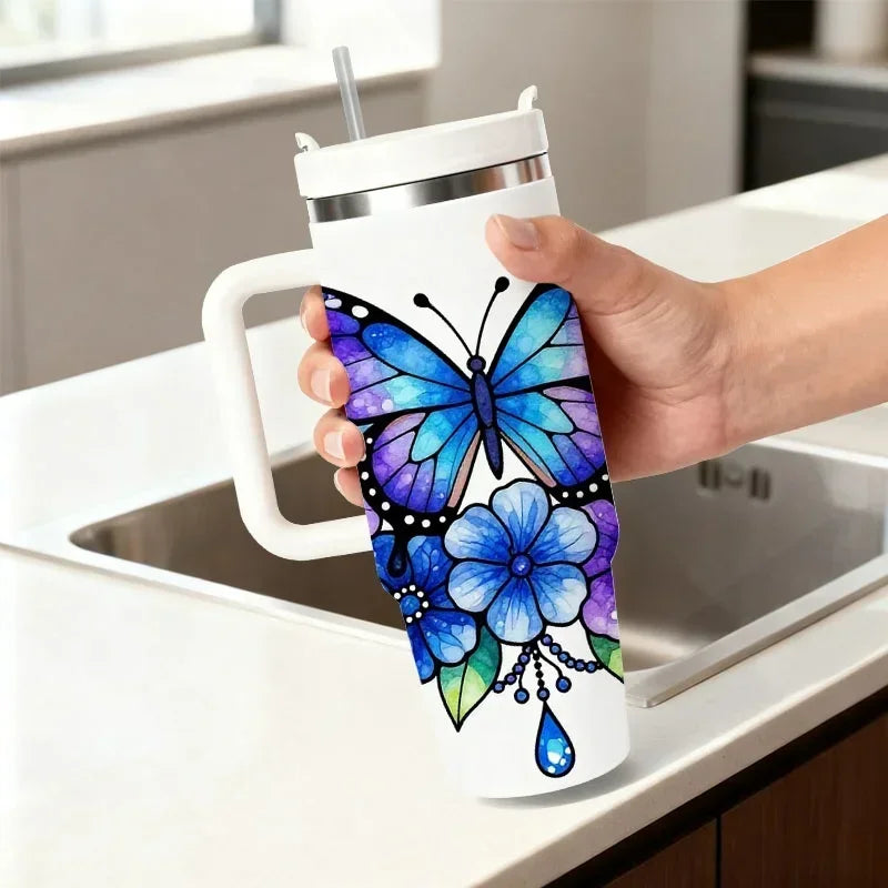 Stained-Glass Butterfly & Floral 40oz Insulated Tumbler