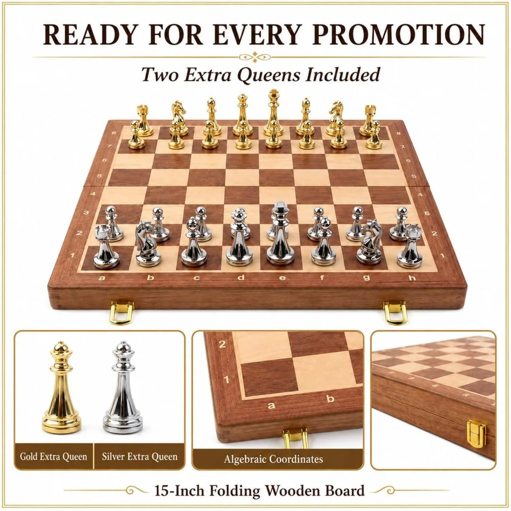 15in Folding Chess Set – Metal Pieces & Wood Board