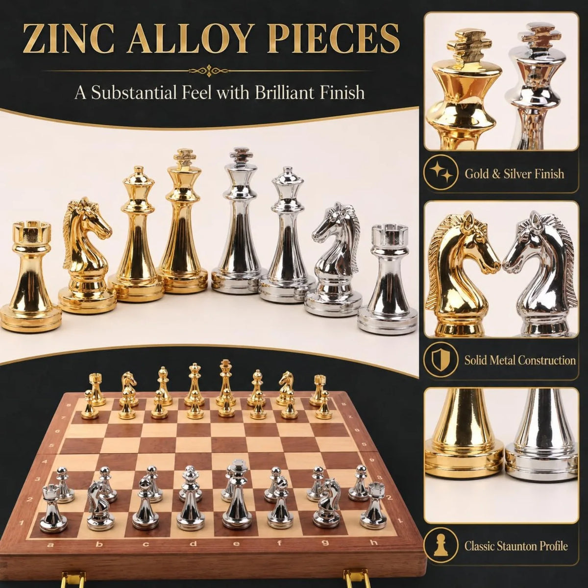 15in Folding Chess Set – Metal Pieces & Wood Board