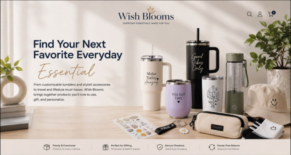 A promotional banner for Wish Blooms featuring a curated collection of travel and lifestyle accessories on a light wooden table. The products include a black insulated mug with a straw, a cream tumbler, a lavender tumbler, a green water bottle, a small pouch, and a white keychain, styled with potted plants and warm natural light.